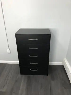 a black dresser with a black top in a room at Private 2-bedroom apartment, free parking, direct bus to NYC Manhattan only 2 blocks away, MetLife Stadium FIFA World Cup 25 minutes away in Linden