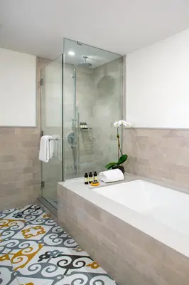 a bathroom with a shower and a white tub at Hotel Indigo Lower East Side New York by IHG in New York