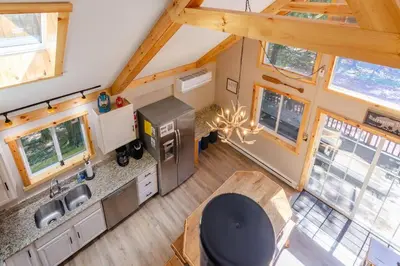 an overhead view of a kitchen in a tiny house at Hot Tub l Walk to Lake Harmony l Minutes to Ski in Lake Harmony