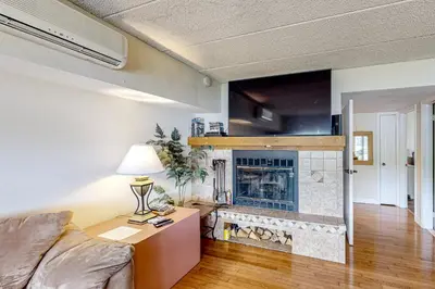 a living room with a couch and a fireplace at Marvel at Midlake in Lake Harmony