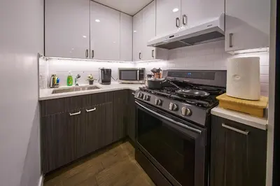 a kitchen with a stove and a sink at Modern 2 Bedroom Retreat in Downtown Manhattan in New York