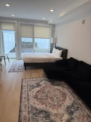 a bedroom with a bed and a couch and a rug at Luxury Stay for NYC visit Jersey City 7 Min Walk NYC Train Station in Jersey City
