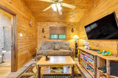 a living room with a couch and a flat screen tv at Game Room and Hot Tub Pine Bear Pocono Lake Cabin in Pocono Lake
