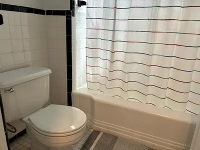a bathroom with a toilet and a shower curtain at Chill In The Village in New York