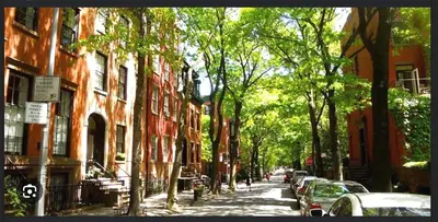 a city street with trees and cars parked on the street at Beauty in the Heart of the Village in New York