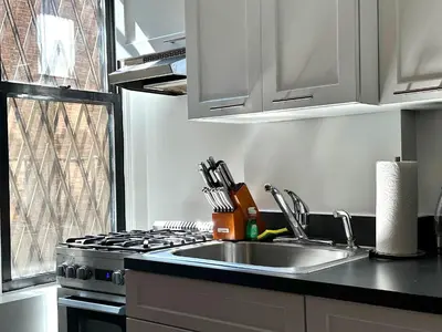 a kitchen with a sink and a stove at West Village Lush Green in New York