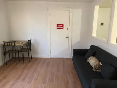 a dog laying on a couch in a living room at Private apartment with 1 bedroom and 1 bathroom, MetLife Stadium FIFA World Cup 25 minutes away in Paterson