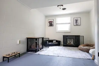 a white room with a fireplace and a window at The Cooper Home, Dogs Welcome! in Ephrata