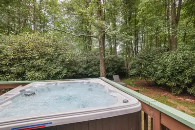 a large hot tub on a deck with trees at Green Acres Nature Escape in Long Pond