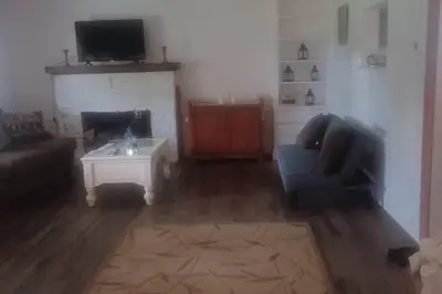 a living room with a couch and a coffee table at Old farmhouse with Hot tub in the Finger Lakes in Horseheads