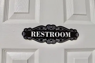 a door with a sign that reads restroom on it at Private Room A-KING BED-12Mints NYCity Times Square in West New York