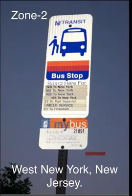 a bus stop sign with a bus stop at Private Room A-KING BED-12Mints NYCity Times Square in West New York