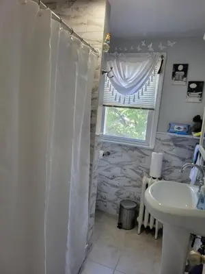 a bathroom with a shower curtain and a sink at Comfortable in Roselle