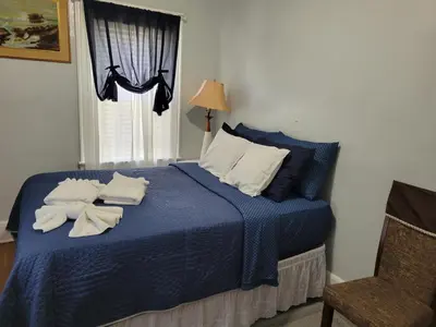 a bedroom with a bed with blue sheets and white pillows at Comfortable in Roselle