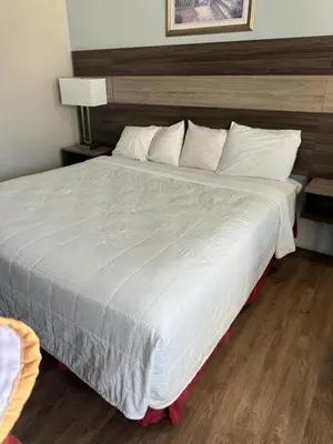 a bedroom with a large bed with white sheets and pillows at Ritz Motel in Elizabeth