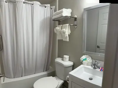 a bathroom with a shower and a toilet and a sink at Ritz Motel in Elizabeth