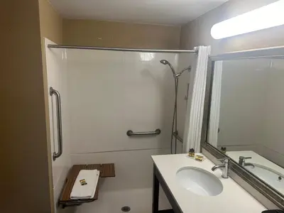 a white bathroom with a sink and a shower at Wingate by Wyndham Harrisburg Near Hershey in Harrisburg