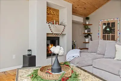 a living room with a couch and a fireplace at Pocono Scandinavian Cottage cottage in Tobyhanna