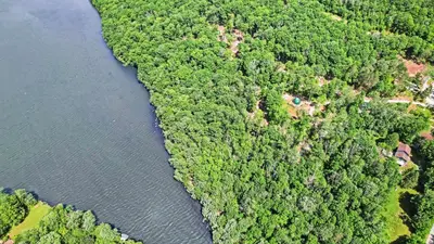 an aerial view of a river and trees at Domes at Catskills in Swan Lake