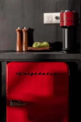 a red refrigerator in a kitchen with a counter at Domes at Catskills in Swan Lake