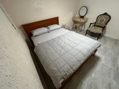 a bedroom with a bed and a chair and a mirror at The Serene Retreat in Metuchen