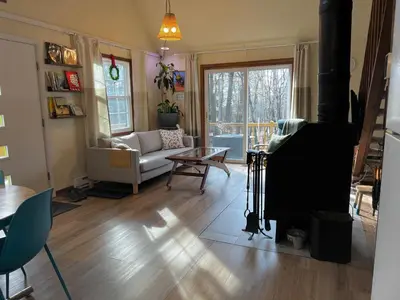 a living room with a fireplace and a couch at That Gray House Romantic getaway in Albrightsville