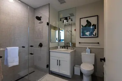 a bathroom with a toilet and a sink and a shower at Downtown Princeton Chic in Princeton