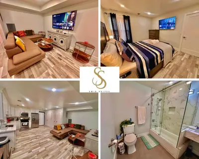 a collage of four pictures of a room at The Trendy Suite - Upgraded 2BR with Luxe Amenities in Paterson
