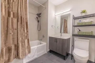a bathroom with a toilet and a sink and a tub at Opulence in Olive with Free Parking plus EV Plug, 2 BR 2 baths Suite, 5 beds and Sleeps 8 in Orange