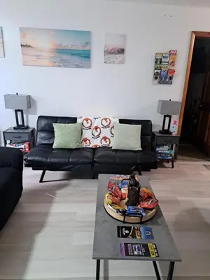 a living room with a black couch and a table at Fun Home in Pocono with Gameroom-Firpit-BBQ Grill-TV and AC in all rooms in Tobyhanna