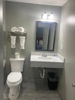 a bathroom with a white toilet and a sink at Wilkes-Barre lodge in Wilkes-Barre