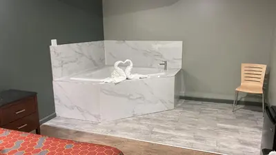 a bathroom with two white swans sitting on a tub at Wilkes-Barre lodge in Wilkes-Barre