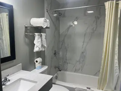 a bathroom with a shower and a toilet and a sink at Wilkes-Barre lodge in Wilkes-Barre