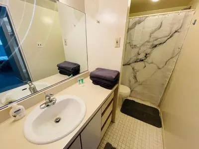 a bathroom with a sink and a shower at Comfort 2br2ba Monthly Discount in Elkins Park