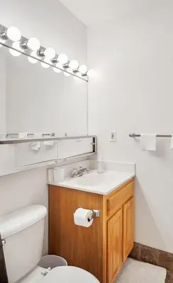 a bathroom with a toilet and a sink and a mirror at PP 1002 Modern Corporate 2br, pool, Gym in Harrisburg
