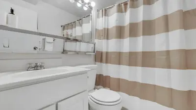 a bathroom with a sink toilet and a shower curtain at PP 1506 Beautiful Professional 1br Apt, Pool in Harrisburg