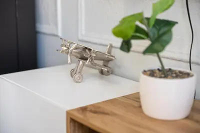 a toy airplane sitting on a table next to a plant at 