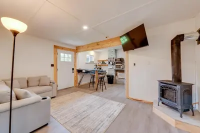 a living room with a couch and a stove at Pet-Friendly Deluxe Cabin F with Grill in Hillsgrove in Hillsgrove