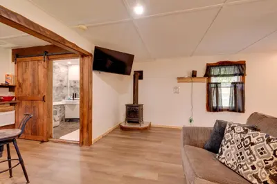 a living room with a couch and a fireplace at Deluxe Cabin G 9 Mi to Worlds End State Park! in Hillsgrove