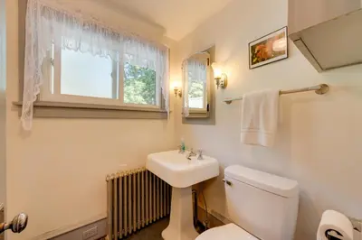 a bathroom with a white toilet and a sink at The Big House at Elk Creek Escape with Game Room in Hillsgrove