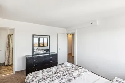 a bedroom with a bed and a dresser and a mirror at PP 2401 Modern Corporate 2br Suite pool, Gym in Harrisburg