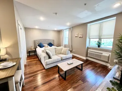 a living room with a couch and a table at 403 Luxury and Comfy King bed in Central city of phily in Philadelphia