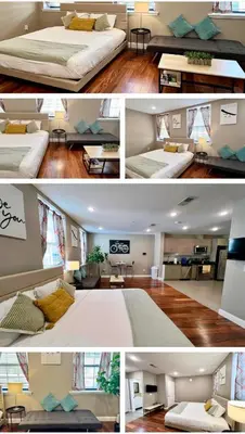 a collage of three pictures of a bedroom at 406 Luxury KING BED in central city of Philad in Philadelphia