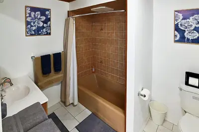 a bathroom with a tub and a sink at Cozy Sanctuary in Jersey City