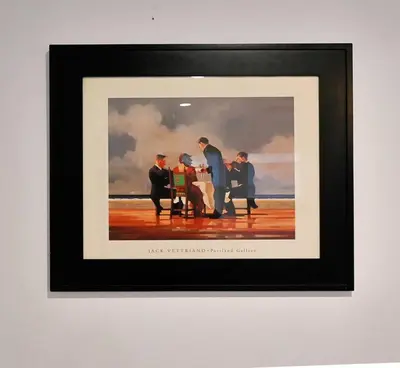 a framed picture of a group of men standing around a table at Hidden Gem-1Bedroom with Plenty Free Street Parking in Communipaw
