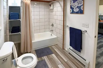 a bathroom with a toilet and a tub and a sink at Hidden Gem-1Bedroom with Plenty Free Street Parking in Communipaw