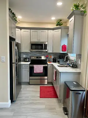 a kitchen with white cabinets and a red rug at New York City Apartment Near Free Ferry Boat! in Stapleton