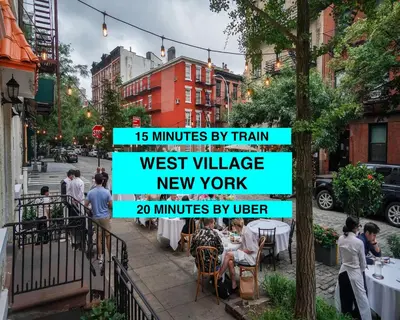 a sign that reads west village new york minutes by train at Luxury 2BR - Elevator-Gym-Laundry-10 Min to NYC in Hoboken