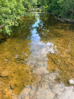 a stream of water with rocks and trees at THE VILLA Farm Sleeps 20 more in Montgomery