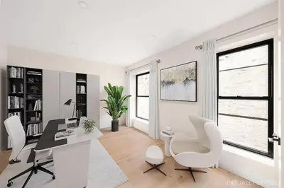 a white office with a desk and white chairs at Harlington by Rove Travel Private Backyard & Roof in New York